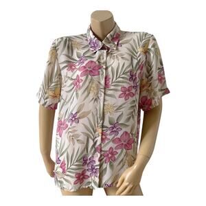 BonWorth Petite M Sheer Floral Tropical Blouse Button Up Short Sleeve Casual Top